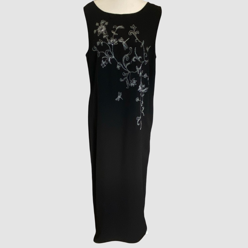 Together Black Bead Silver Thread Dragonfly Flower Maxi Party Event Dress-Sz-16